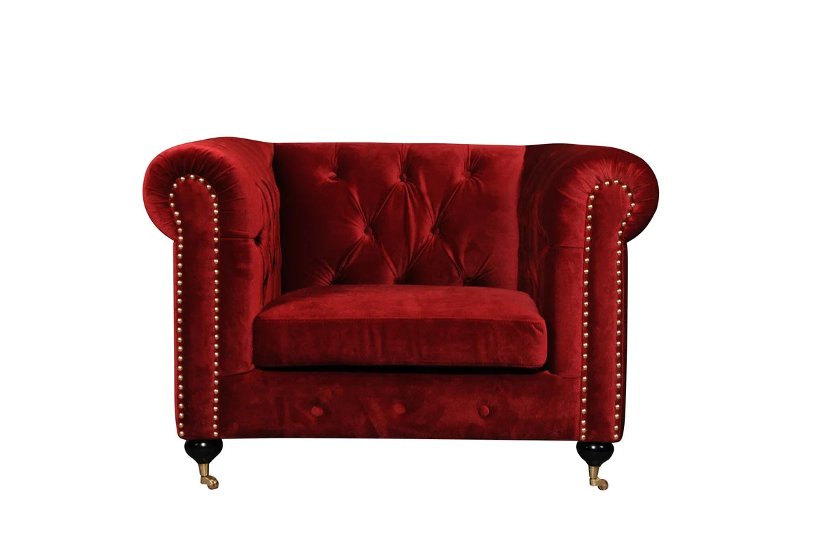 Benzara Fabric Upholstered Wooden Sofa Chair with Nail Head Trim and Steel Casters, Red
