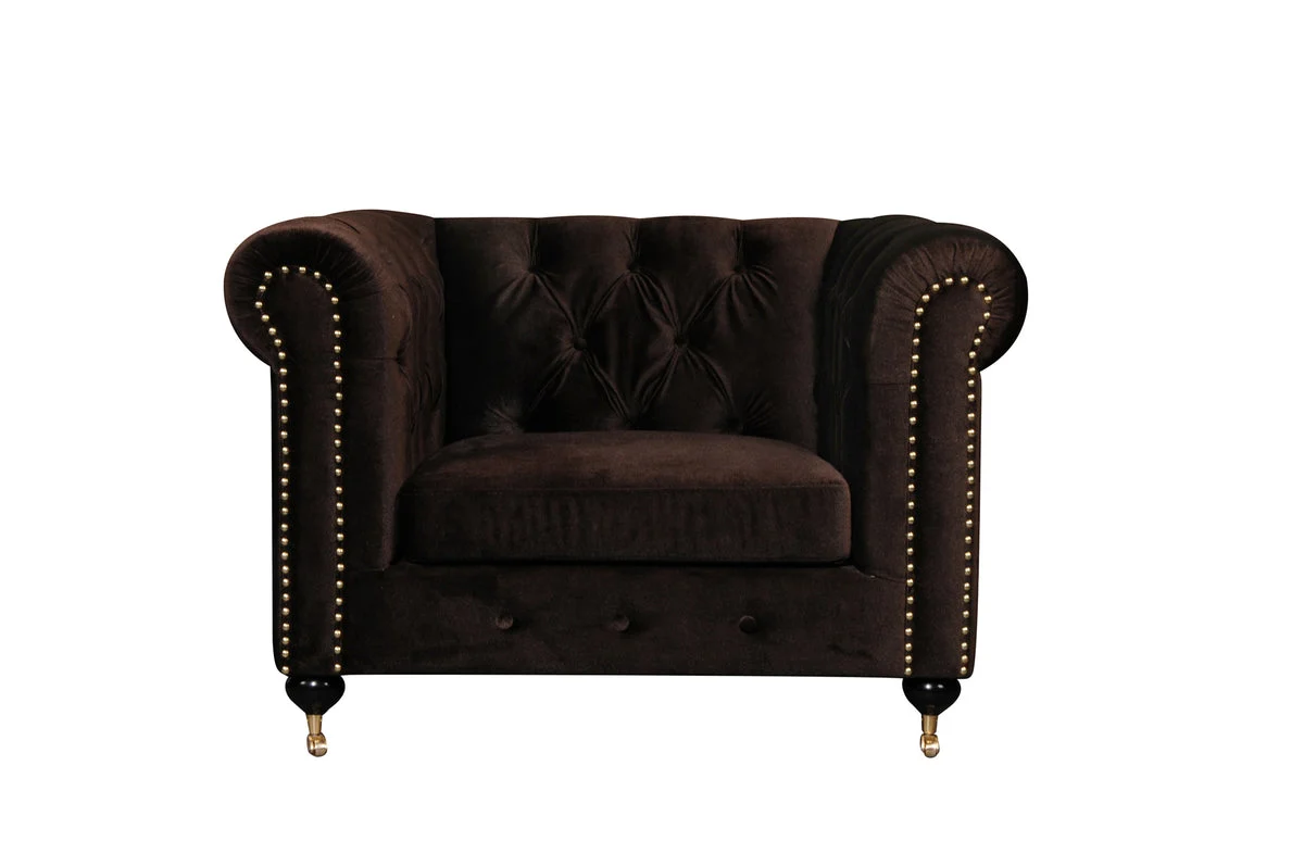Benzara Fabric Upholstered Wooden Sofa Chair with Nail Head Trim and Steel Casters, Brown