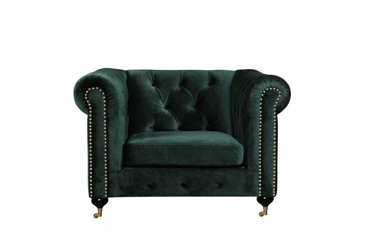 Benzara Fabric Upholstered Wooden Sofa Chair with Nail Head Trim and Steel Casters, Green