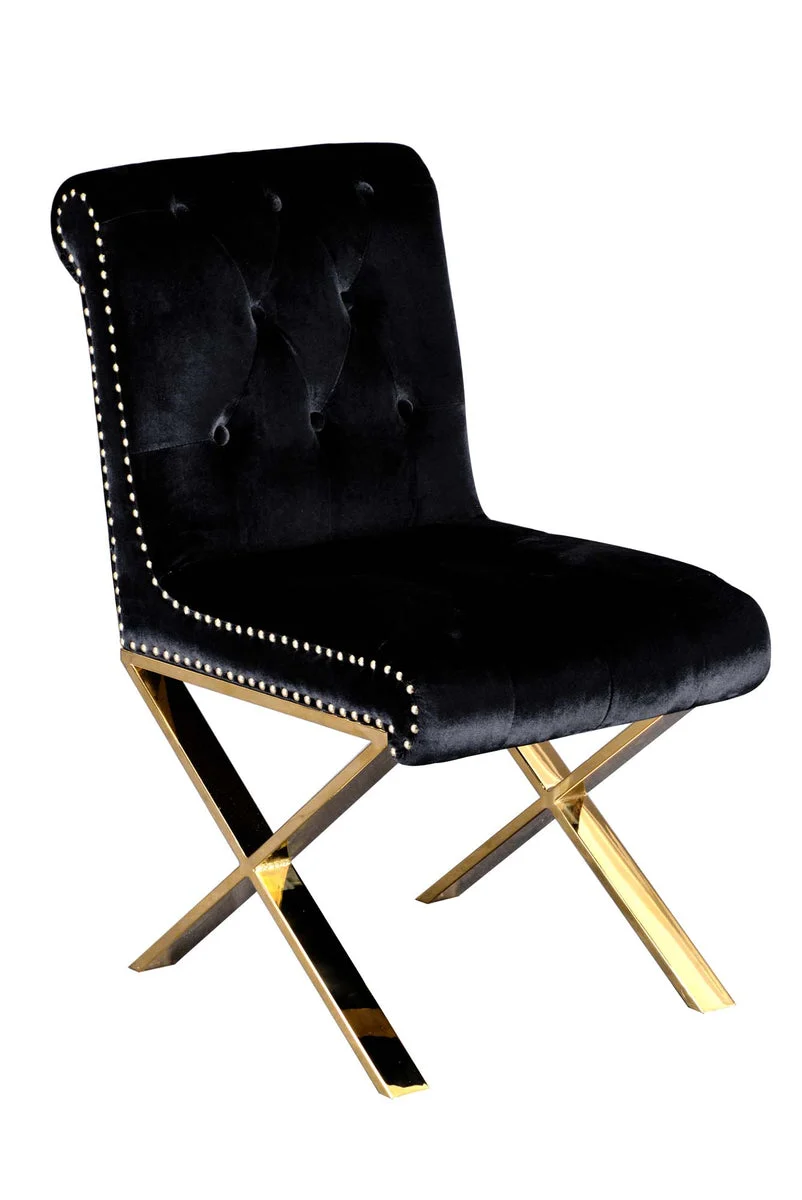 Benzara Modern Velvet Upholstered Dining Side Chairs with Steel X Style Legs, Black and Gold, Set of 2
