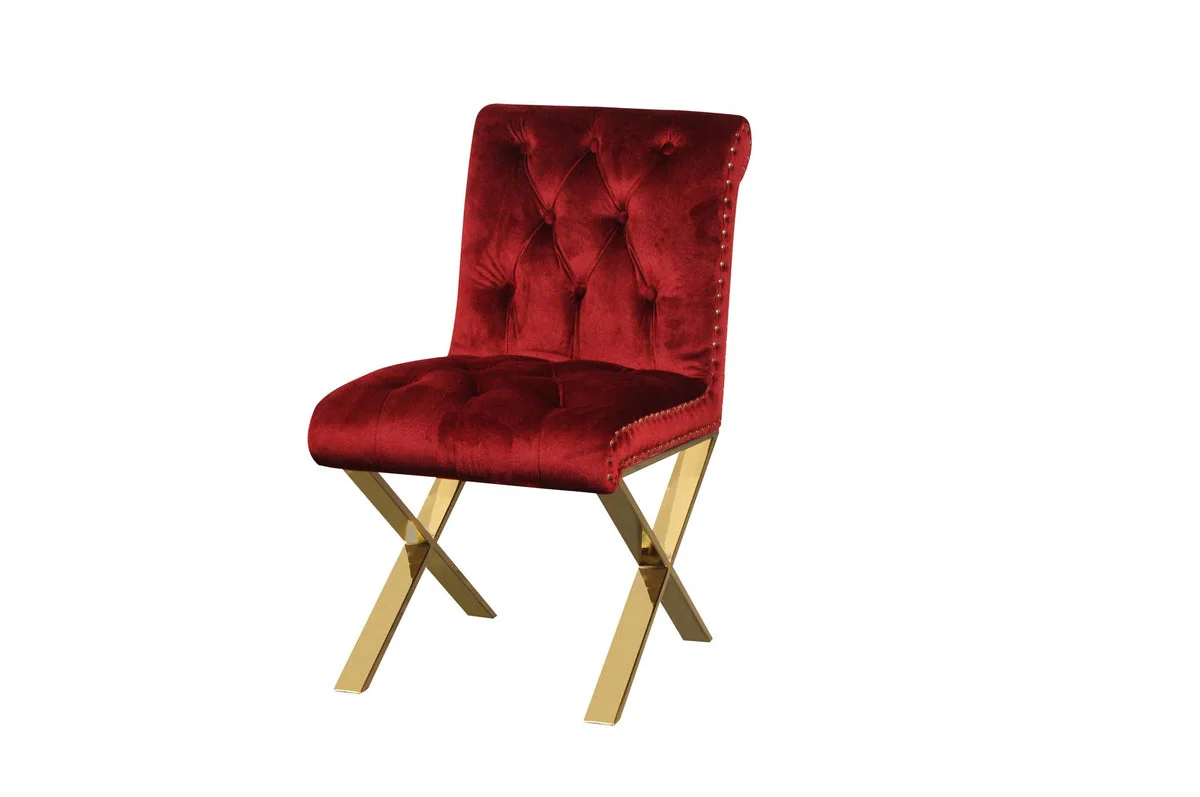 Benzara Modern Style Velvet Dining Side Chairs with Steel X Style Legs, Red and Gold, Set of 2
