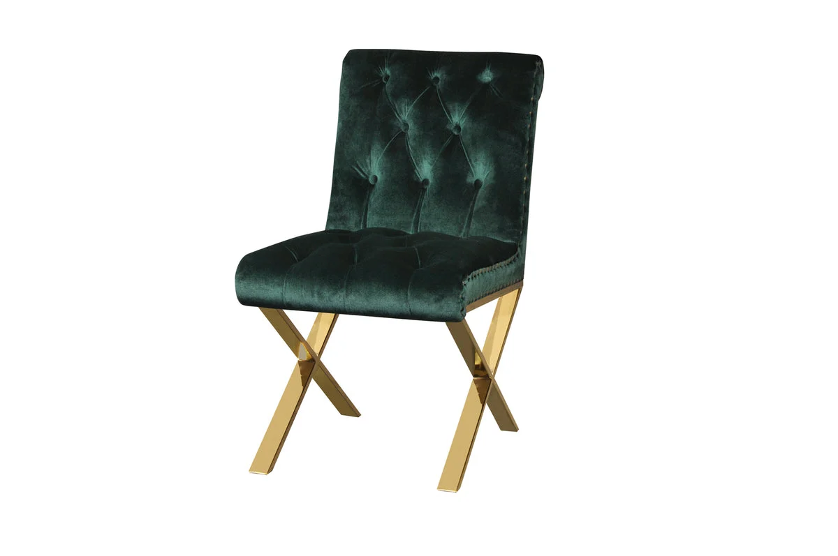 Benzara Velvet Upholstered Dining Side Chairs with Steel X Style Legs, Green and Gold, Set of 2