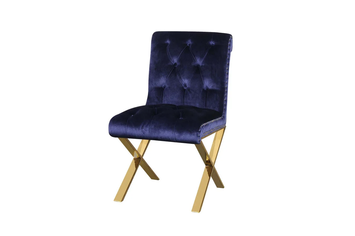 Benzara Velvet Upholstered Dining Side Chairs with Steel X Style Legs, Blue and Gold, Set of 2