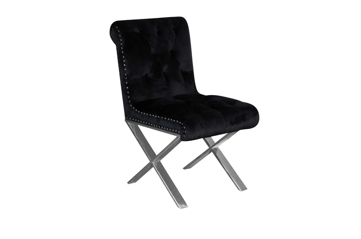 Benzara Velvet Button Tufted Dining Side Chairs with Steel X Style Legs, Black and Silver, Set of 2