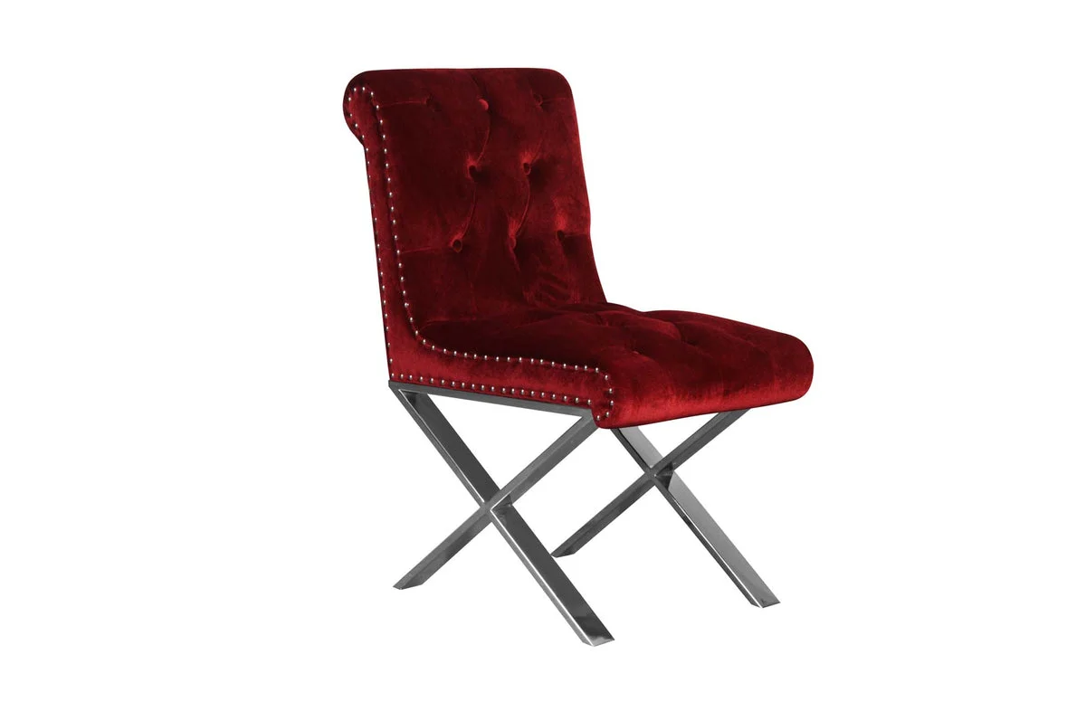 Benzara Velvet Button Tufted Dining Side Chairs with Steel X Style Legs, Red and Silver, Set of 2