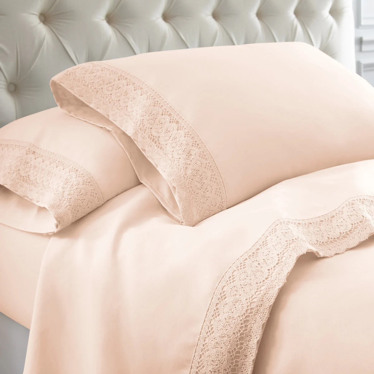 The Urban Port Udine 4 Piece Queen Size Microfiber Sheet Set with Crochet Lace, Pink