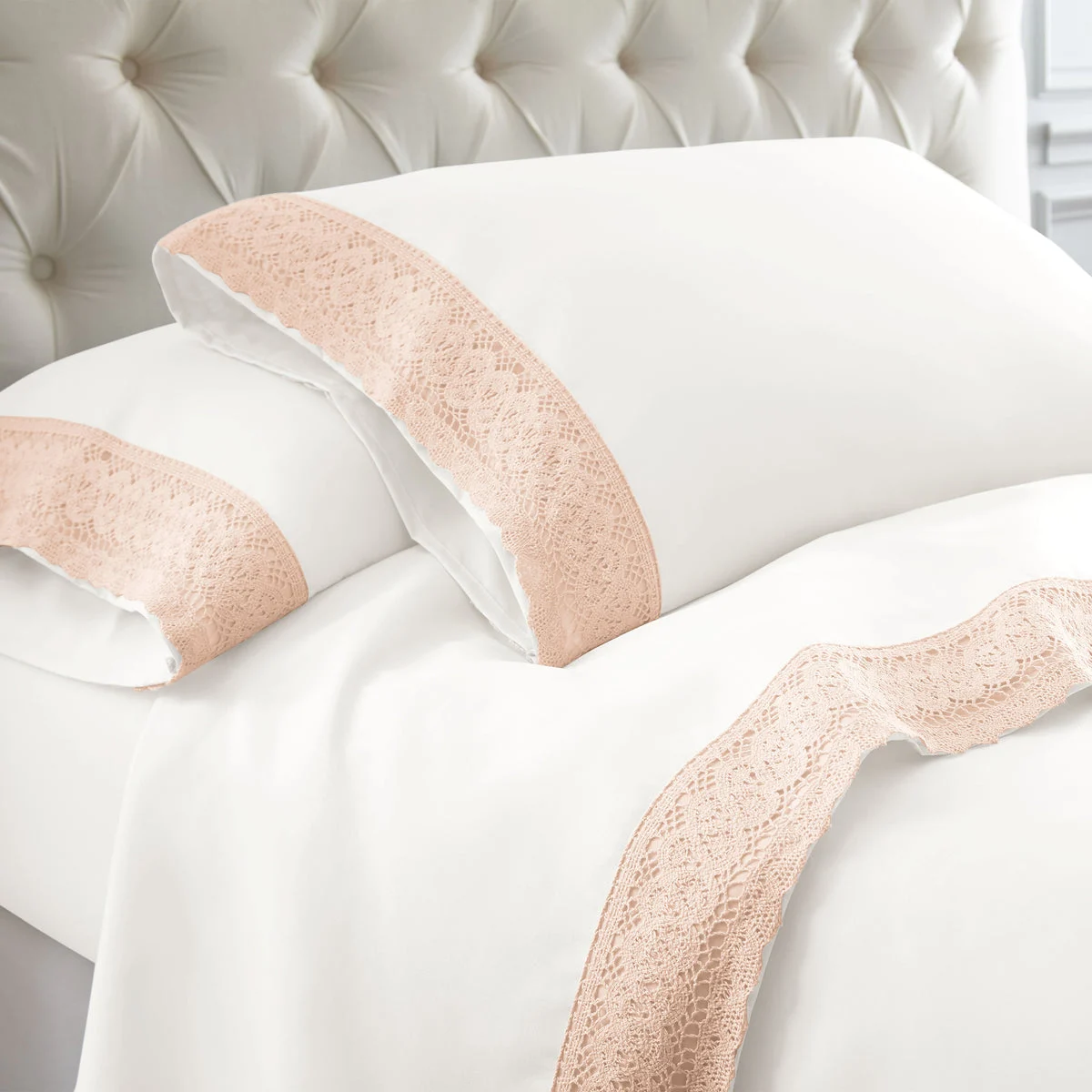 Udine 4 Piece Queen Size Sheet Set with Crochet Lace The Urban Port, White and Pink