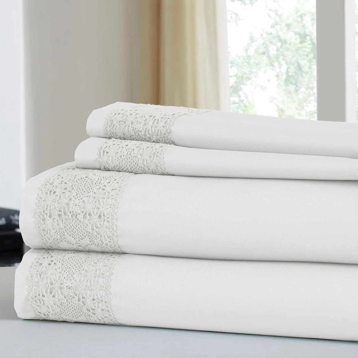 Le Mans 4 Piece King Size Microfiber Sheet Set with Crystal Lace The Urban Port,White