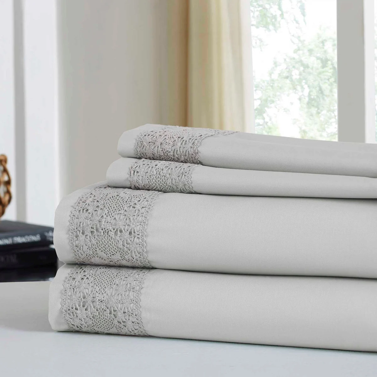Le Mans 4 Piece California King Sheet Set with Crystal Lace The Urban Port, Silver