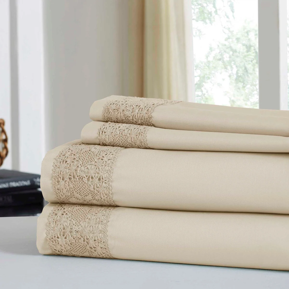 Le Mans 4 Piece California King Sheet Set with Crystal Lace The Urban Port, Beige
