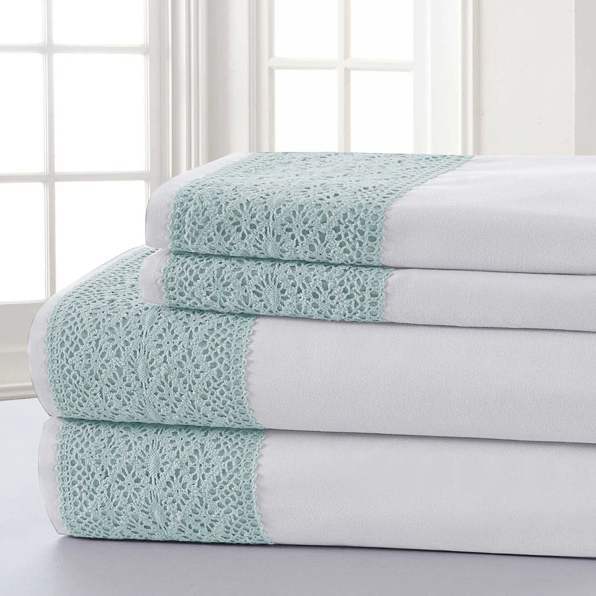 Le Mans 4 Piece Crystal Lace California King Sheet Set The Urban Port, Blue and White