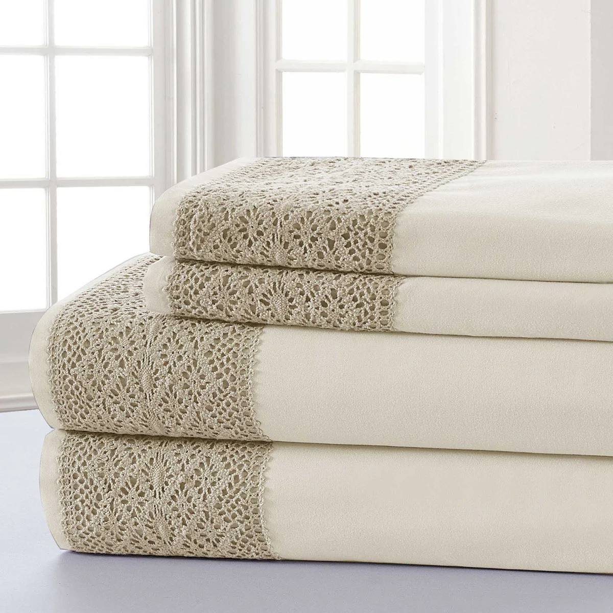 Le Mans 4 Piece Crystal Lace California King Size Sheet Set The Urban Port, Cream