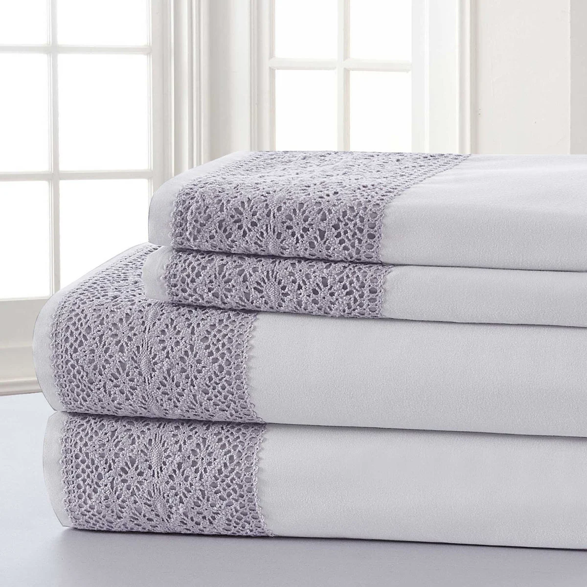 Le Mans 4 Piece Crystal Lace California King Sheet Set The Urban Port,White and Purple