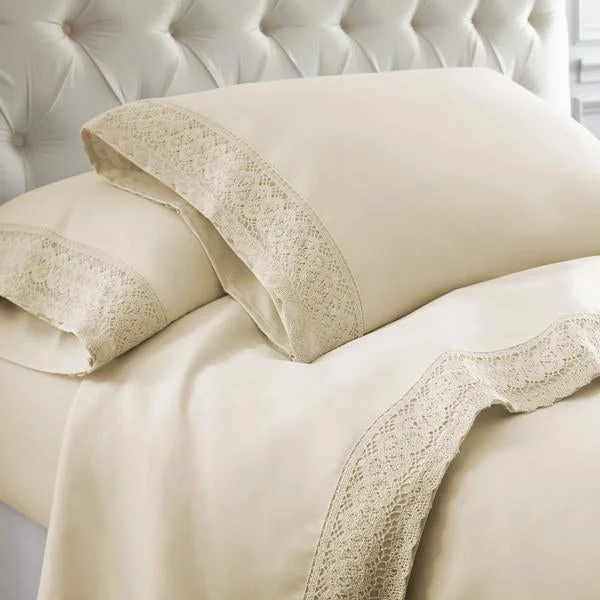 The Urban Port BM202457 Udine 4 Piece King Size Microfiber Sheet Set with Crochet Lace, Cream
