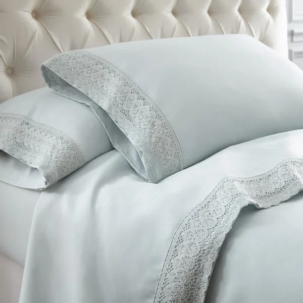 Udine BM202459 4 Piece King Size Microfiber Sheet Set with Crochet Lace The Urban Port, Blue