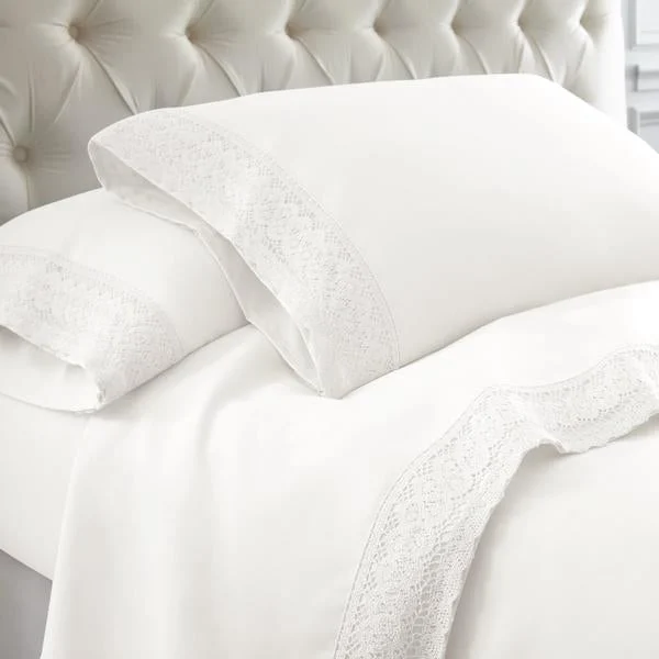 Udine 4 Piece California King Size Sheet Set with Crochet Lace The Urban Port, White