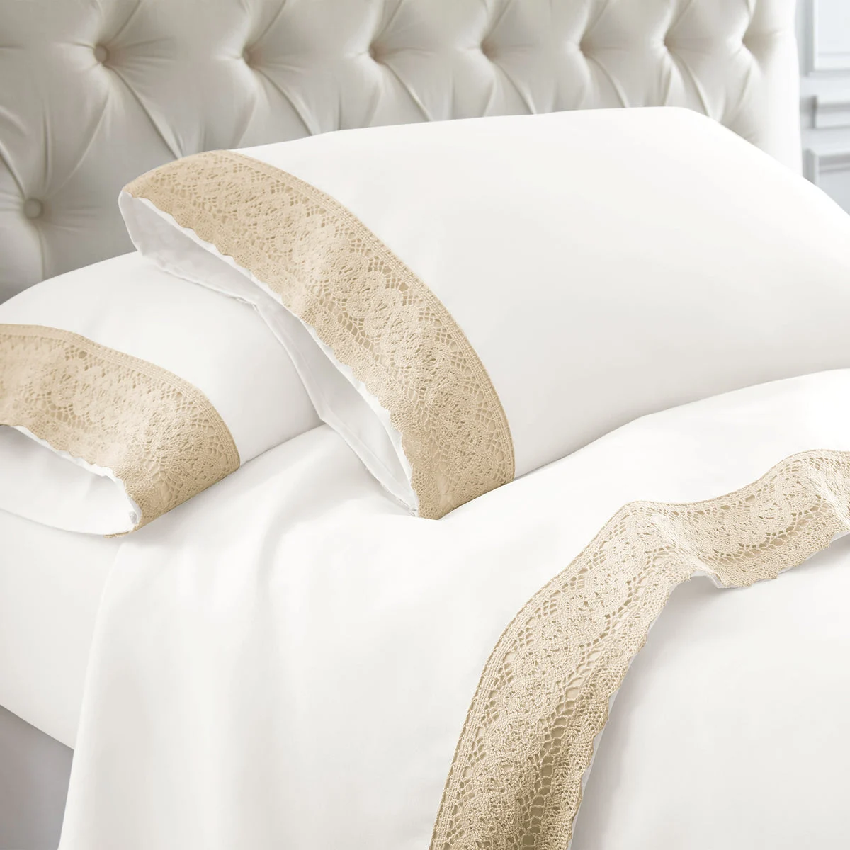 Udine 4 Piece King Size Sheet Set with Crochet Lace The Urban Port, White and Cream