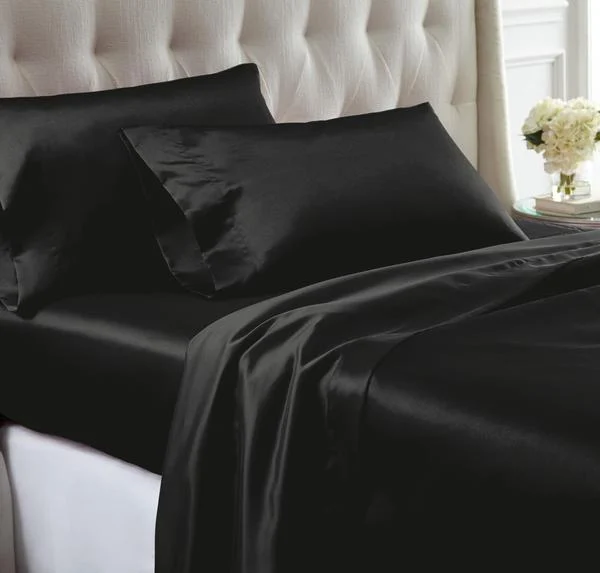 The Urban Port Nantes 4 Piece Wrinkle Resistant King Size Satin Sheet Set, Black