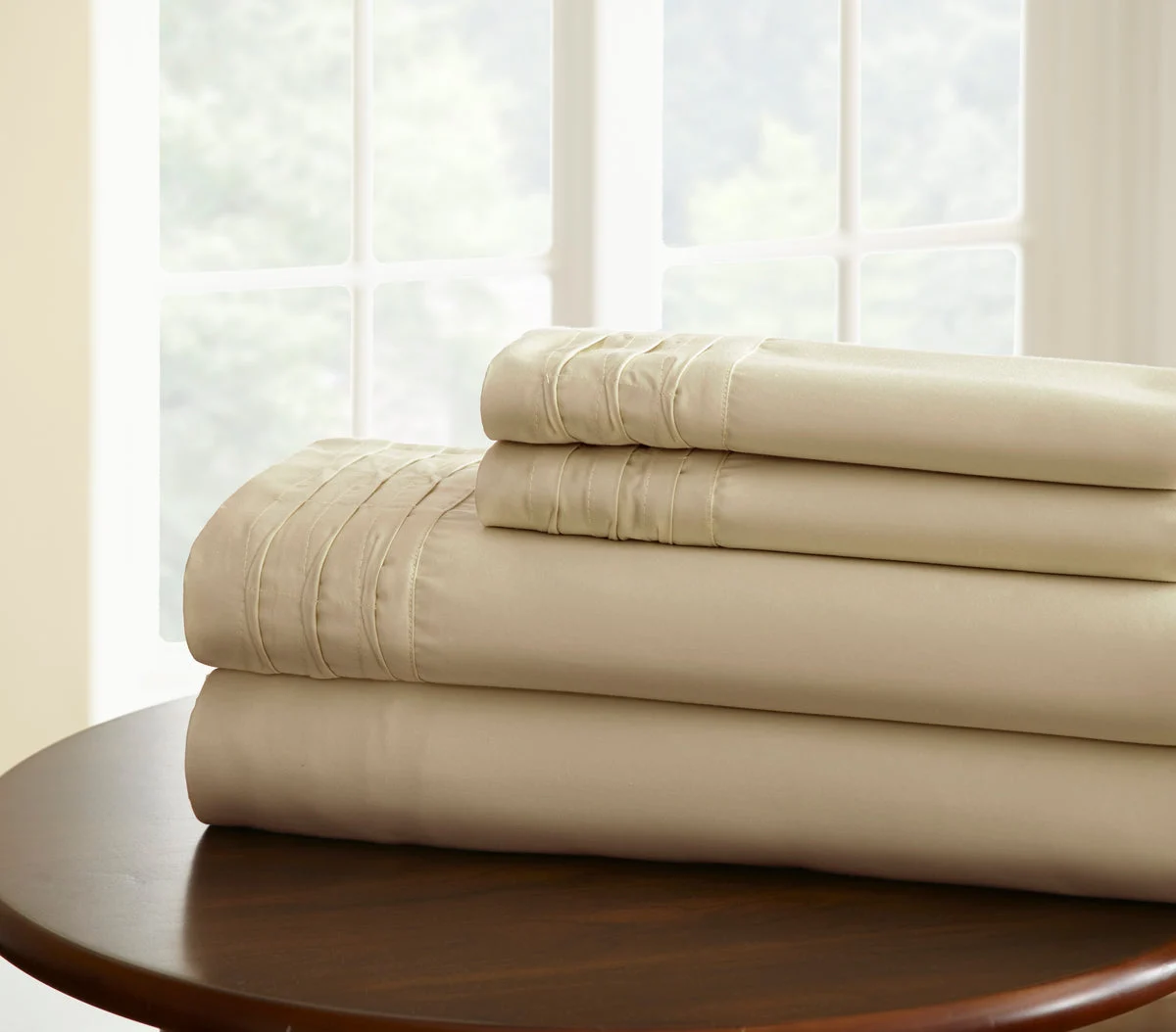 Asti 4 Piece 1000 Thread Count Pintuck Hem Queen Size Sheet Set The Urban Port, Beige