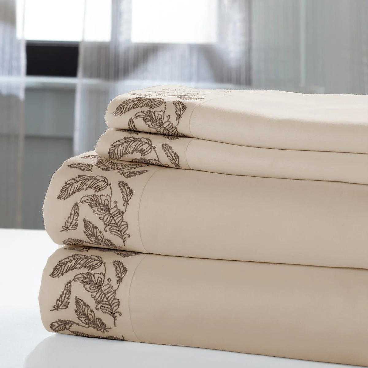Naples 4 Piece Full Size Feather Hem Cotton Sheet Set The Urban Port, Beige and Brown