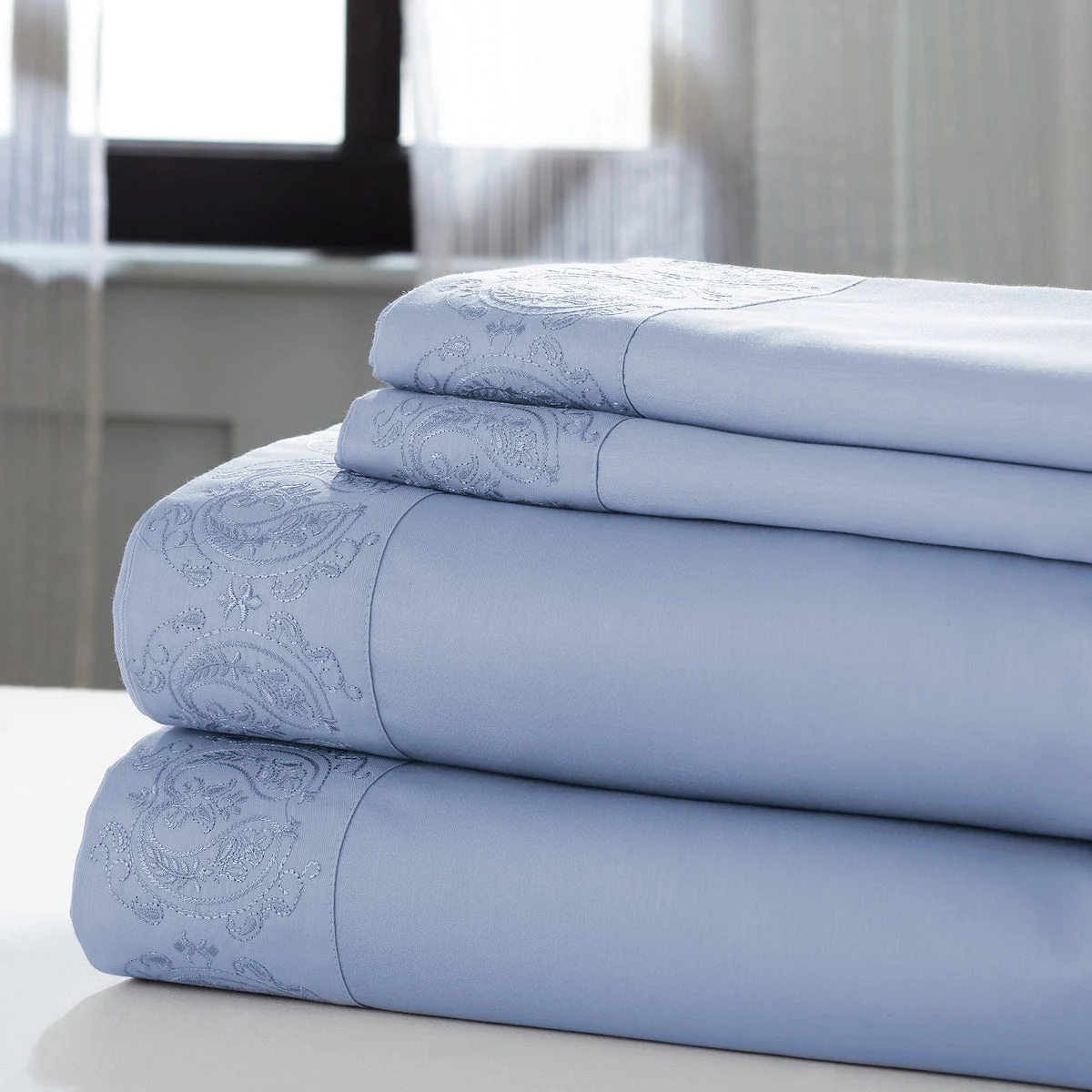 Cannes 4 Piece Full Size Paisley Hem Cotton Sheet Set The Urban Port, Blue