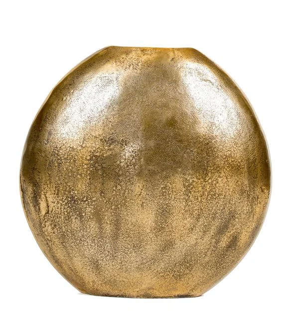 Benzara Brass Distressed Vase with Round Cutout Top, Large, Gold