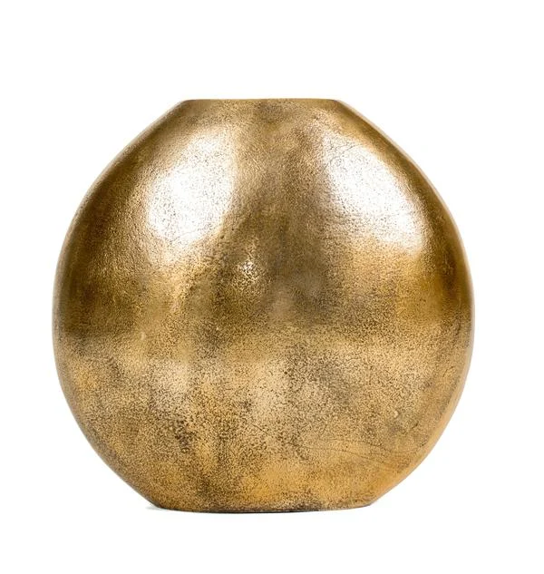 Benzara Brass Distressed Vase with Round Cutout Top, Medium, Gold