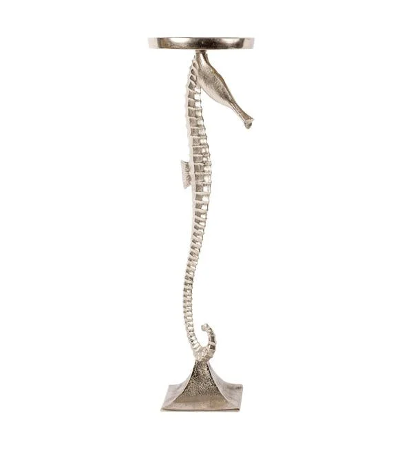 Benzara Aluminum Candle Holder with Sea Horse Structure, Large, Silver