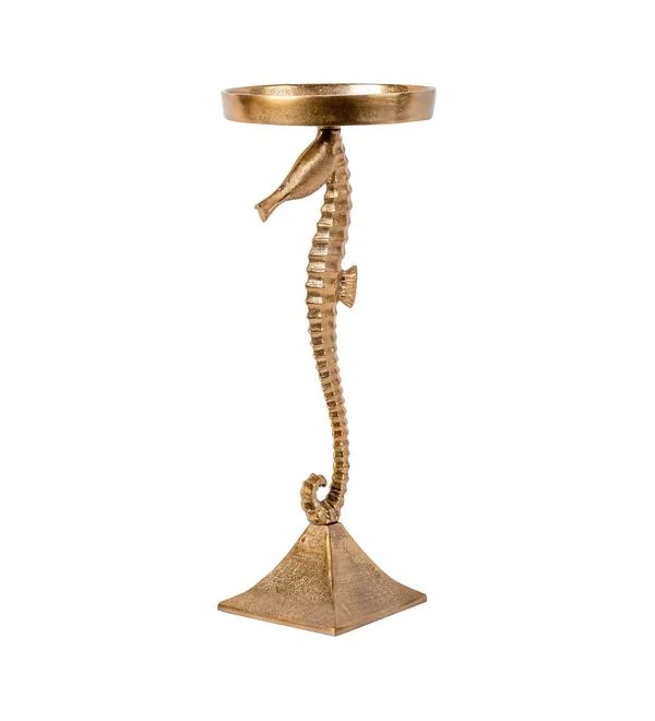 Benzara Aluminum Candle Holder with Sea Horse Structure, Medium, Gold