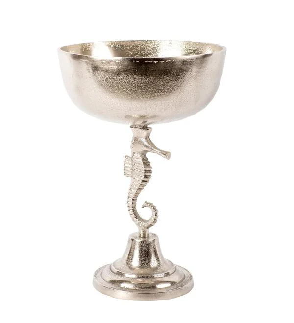 Benzara Coastal Aluminum Bowl with Sea Horse Structure, Large, Silver