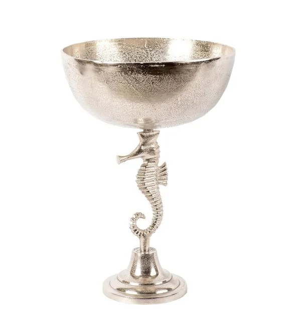 Benzara Coastal Aluminum Bowl with Sea Horse Structure, Medium, Silver