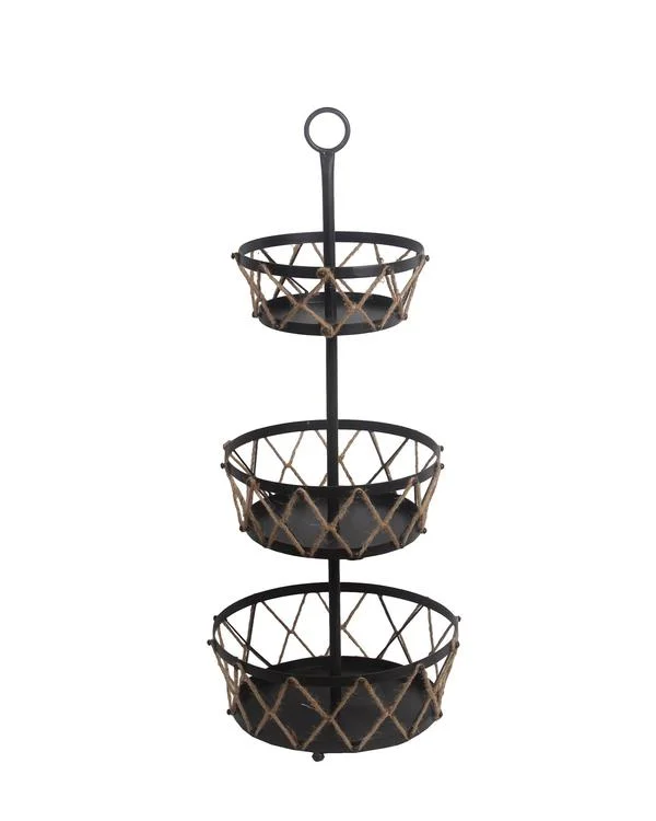 Benzara Spacious 3 Tier Metal Rack with Crosshatch Rope Design,Black and Brown