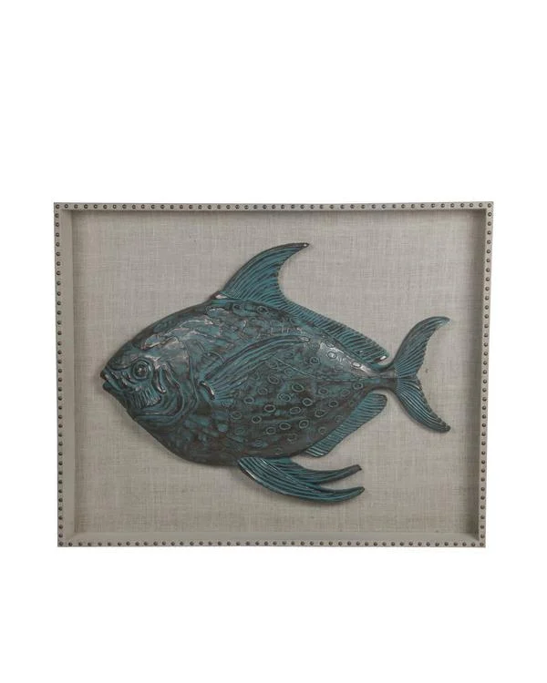 Benzara Resin Fish Wooden Wall decor with Nail head Trims, Blue and Gray