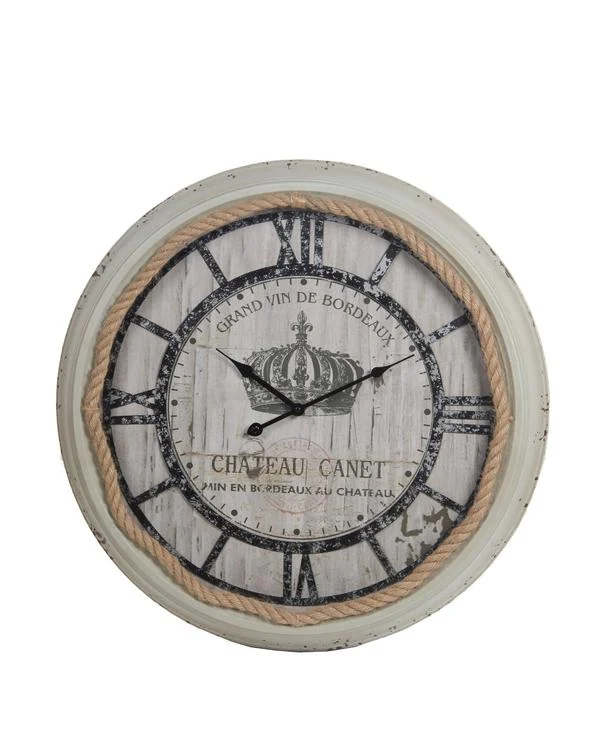 Benzara Coastal Metal Wall Clock with Rope Accented Frame, White and Black