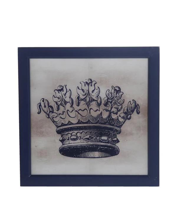 Benzara Square Shape Wooden Wall decor with Crown Print, Blue and White
