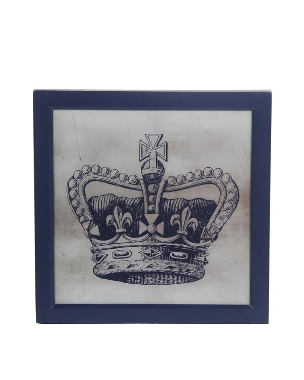 Benzara Square Frame Wooden Wall decor with Royal Crown Print, Blue and White