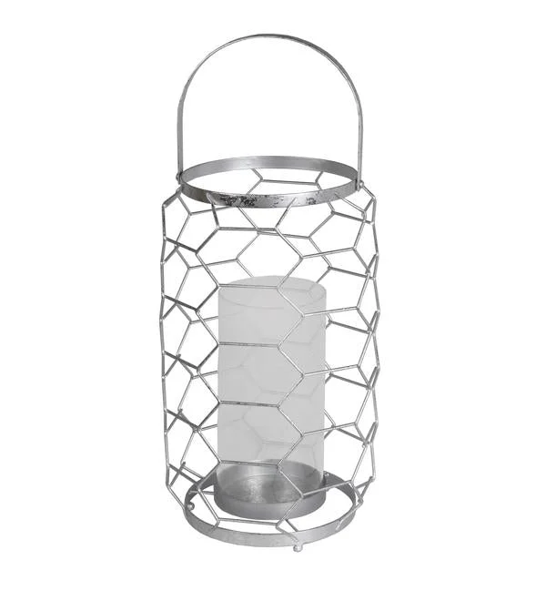 Benzara Geometric Metal Wire Candle Holder with Glass Hurricane, Large, Silver