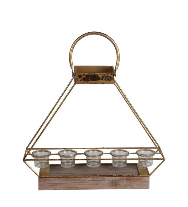Benzara Geometric Metal Candle Lantern with 5 Glass Votive, Large, Gold