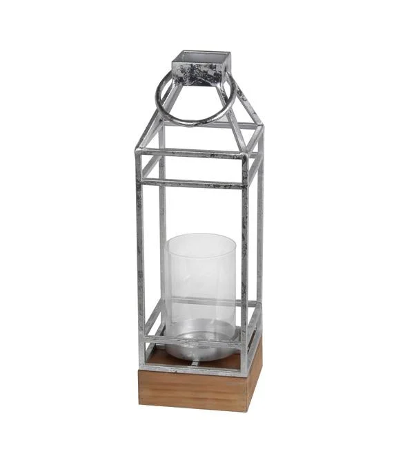 Benzara Open Frame Metal Candle Lantern with Glass Hurricane, Large, Silver