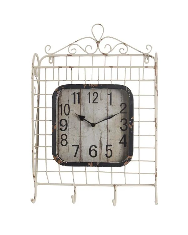 Benzara Iron Wall Clock with 4 Hooks and Scrollwork Details, White and Black