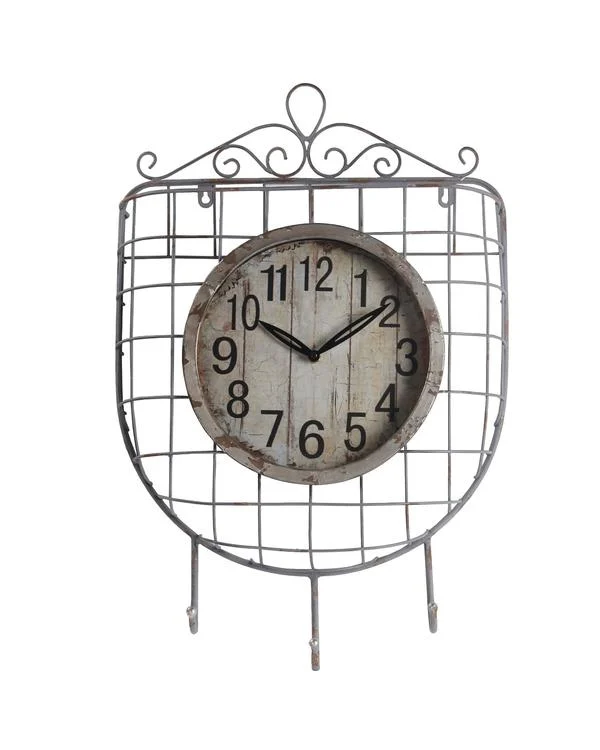 Benzara Iron Wall Clock with 3 Hooks and Scrollwork Details, White and Gray