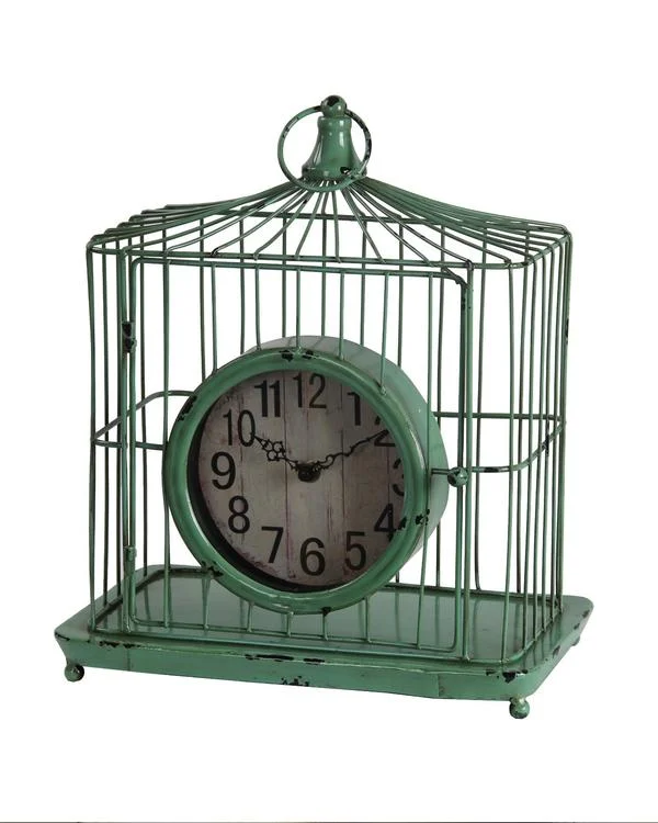 Benzara Bird Cage Iron Table Clock with Ring Handle, Green and White