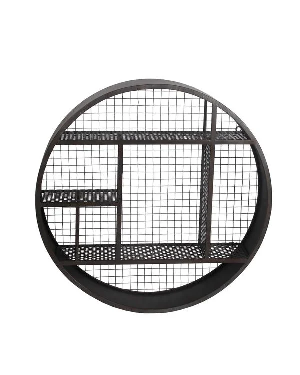 Benzara Industrial 3 Tier Round Iron Wall Shelf with Mesh Backing, Gray