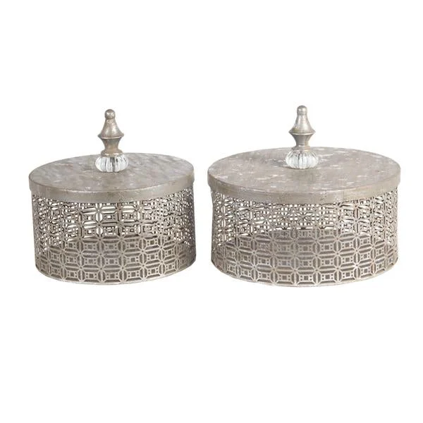Benzara 2 Piece Decorative Pierced Metal Box Set with Lidded Finial Top,Silver