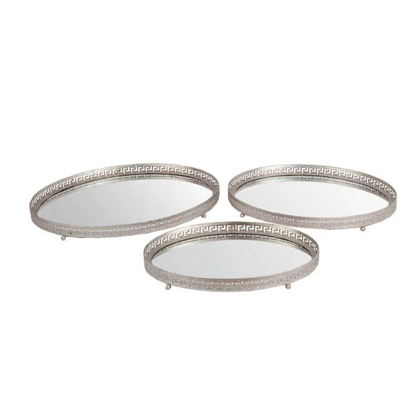 Benzara Decorative Oval Iron Tray with Glass Inserted Top, Set of 3, Silver