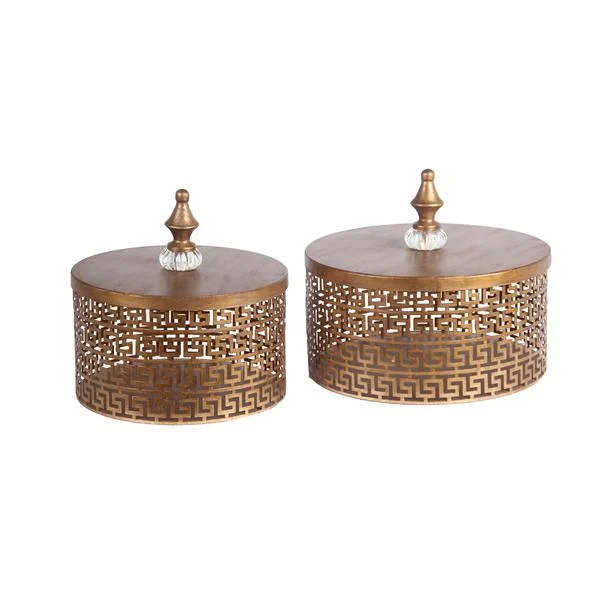 Benzara 2 Piece Decorative Pierced Metal Box Set with Lidded Finial Top, Gold