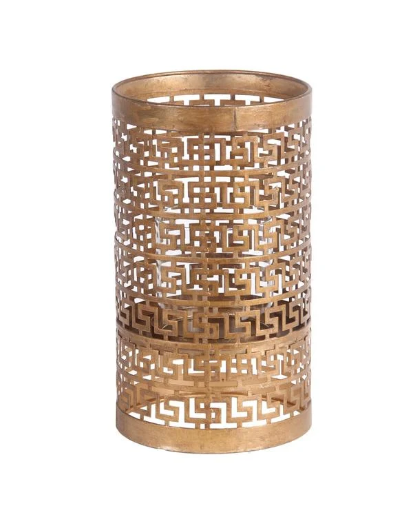 Benzara Decorative Metal Candle Holder with Meander Design, Medium, Gold