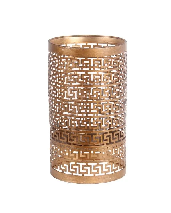 Benzara Decorative Metal Candle Holder with Meander Design, Large, Gold