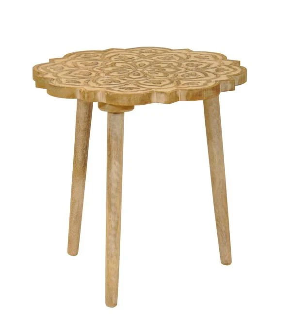 Benzara Wooden 3 Legged Accent Table with Intricate Flower Carving, Brown