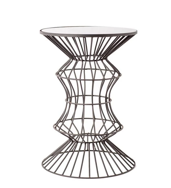 Benzara Open Design Glass Top Metal Table with Wire Base, Clear and Gray